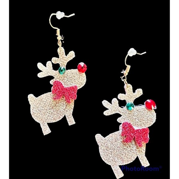 Rudolph Reindeer Earrings Handmade Christmas Whimsical Hooks Glitter Acc… - Picture 4 of 12